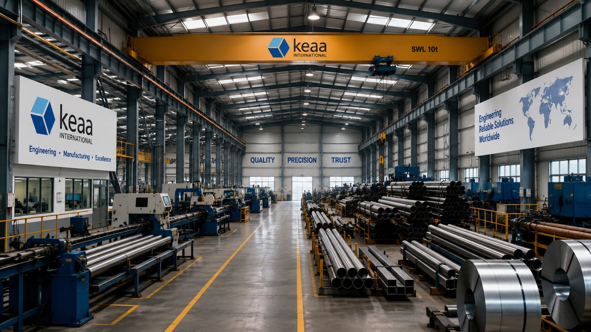 Inside KEAA International's plant: a branded overhead crane above the machining lines, with racked steel tube, section and coil stock