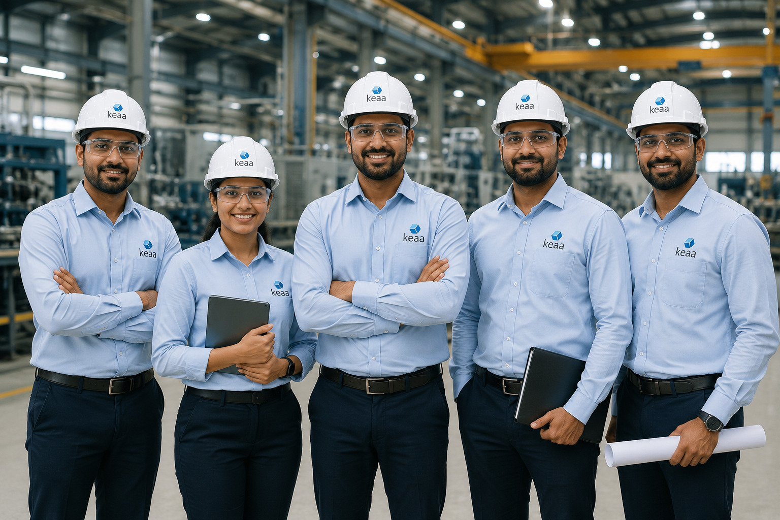The KEAA team on the factory floor in branded uniform and safety gear